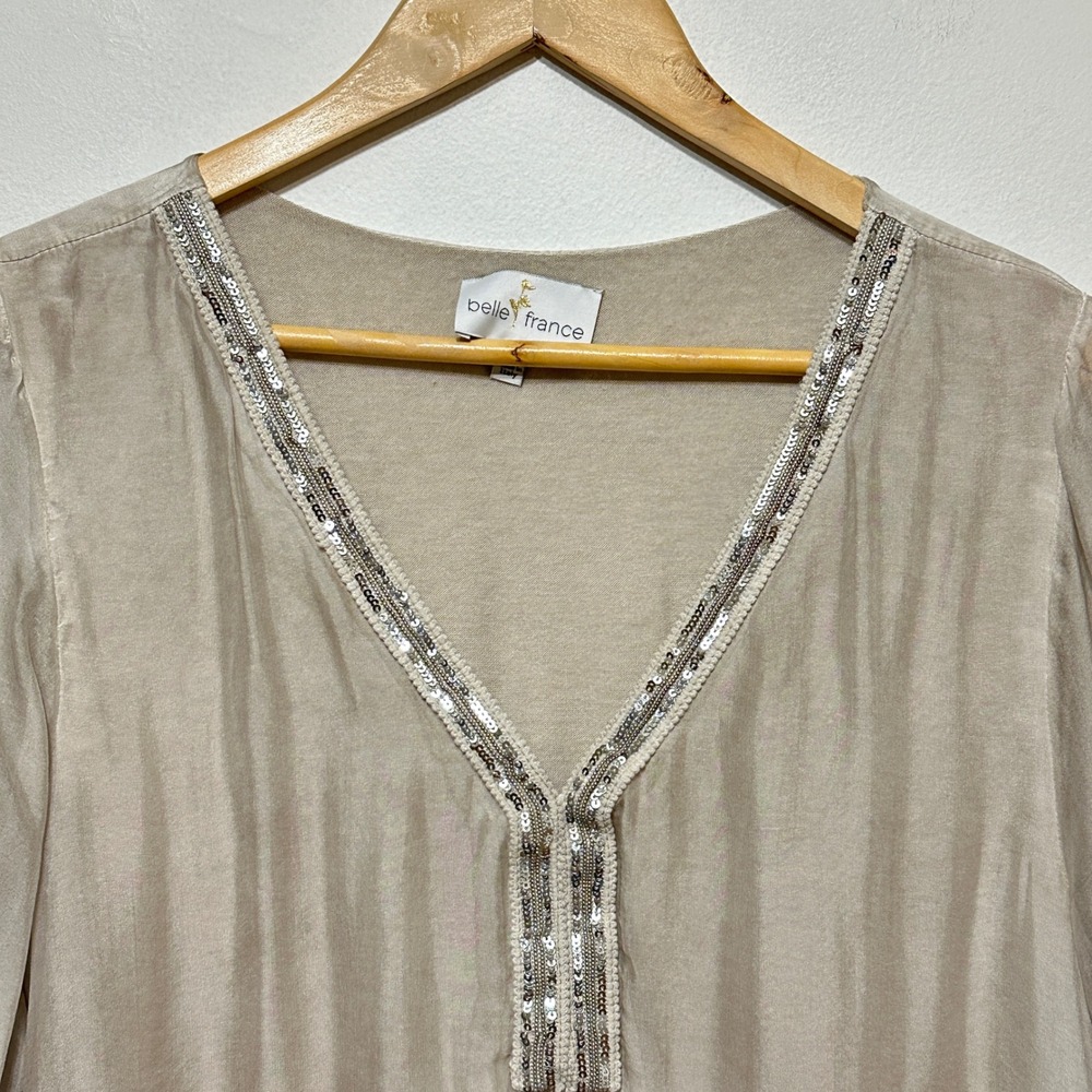 Belle France Blouse Womens M Silk Blend Sequin V-Neck Champagne Shimmer Luxury - Picture 2 of 10